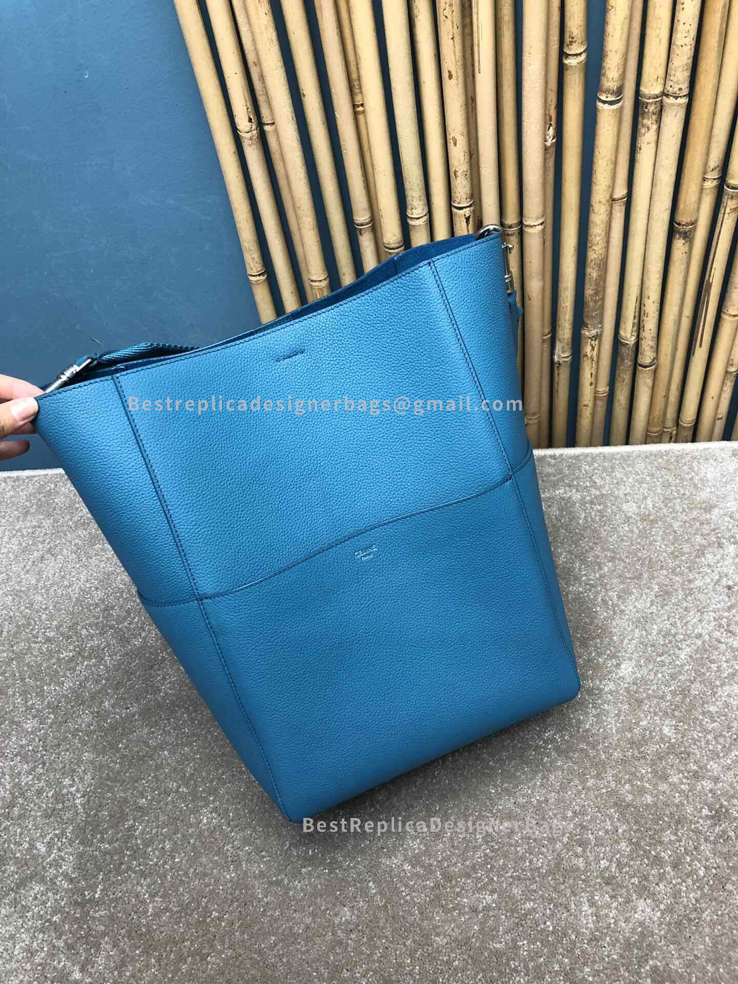 Celine Sangle Bucket Bag In Slate Blue Calfskin
